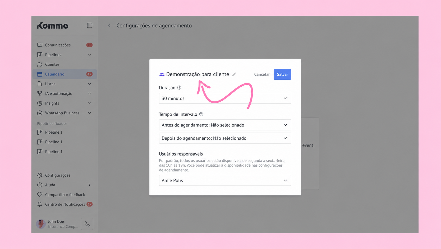 Scheduling settings for a client demonstration, including duration and responsible users.